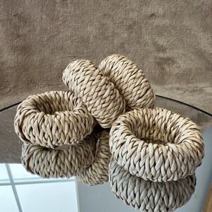 Set Of 4 Wicker Rattan Woven Napkin Rings Tan Beachy Boho Cottage core